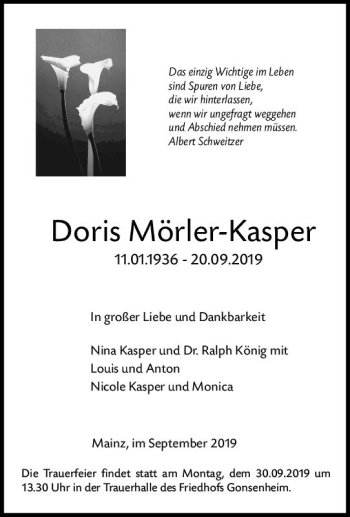 Traueranzeige von Doris Mörler-Kasper von vrm-trauer