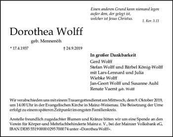 Traueranzeige von Dorothea Wolff von vrm-trauer