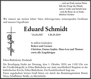 Traueranzeige von Eduard Schmidt von vrm-trauer
