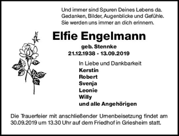 Traueranzeige von Elfie Engelmann von vrm-trauer