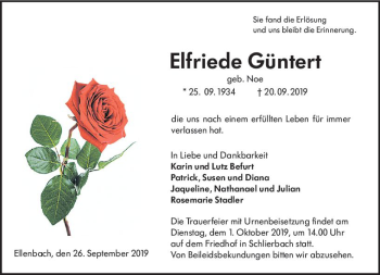 Traueranzeige von Elfriede Güntert von vrm-trauer