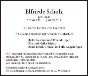 Traueranzeige von Elfriede Scholz von vrm-trauer