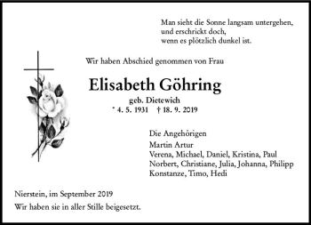 Traueranzeige von Elisabeth Göhring von vrm-trauer