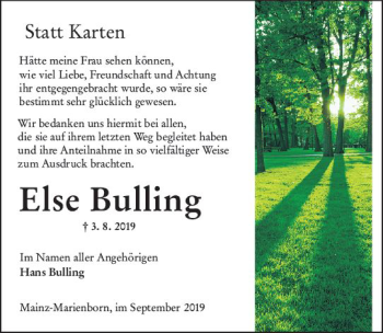 Traueranzeige von Else Bulling von vrm-trauer