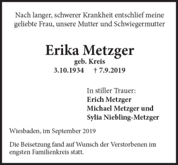 Traueranzeige von Erika Metzger von vrm-trauer