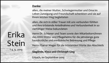 Traueranzeige von Erika Stein von vrm-trauer