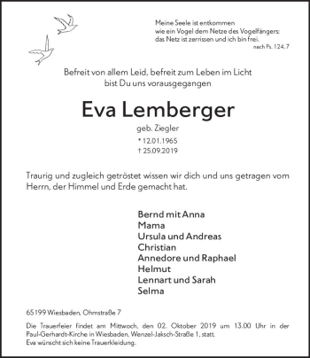 Traueranzeige von Eva Lemberger von vrm-trauer