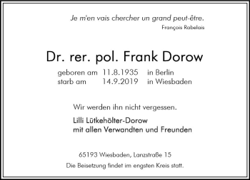 Traueranzeige von Frank Dorow von vrm-trauer