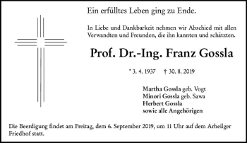 Traueranzeige von Franz Gossla von vrm-trauer