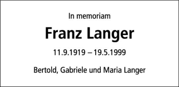 Traueranzeige von Franz Langer von vrm-trauer