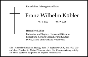 Traueranzeige von Franz Wilhelm Kübler von vrm-trauer