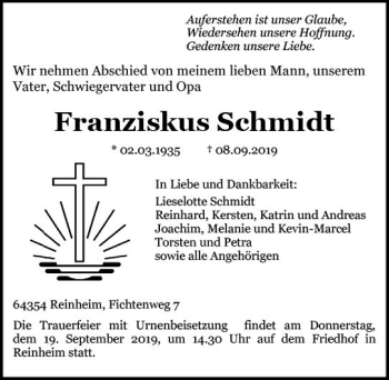 Traueranzeige von Franziskus Schmidt von vrm-trauer