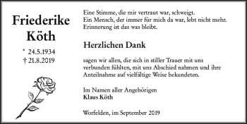Traueranzeige von Friederike Köth von vrm-trauer
