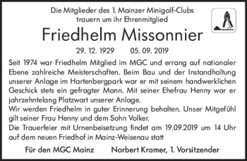 Traueranzeige von Friedhelm Missonnier von vrm-trauer