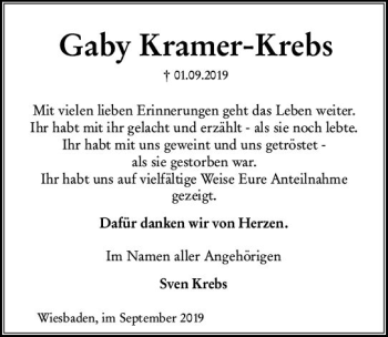 Traueranzeige von Gaby Kramer-Krebs von vrm-trauer