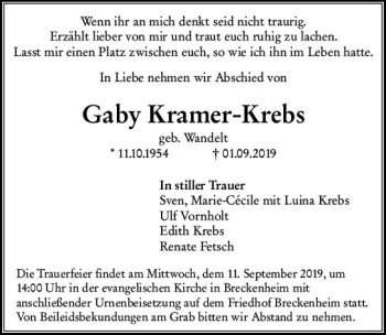 Traueranzeige von Gaby Kramer-Krebs von vrm-trauer
