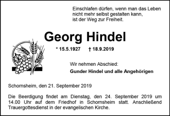 Traueranzeige von Georg Hindel von vrm-trauer
