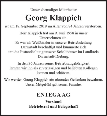 Traueranzeige von Georg Klappich von vrm-trauer
