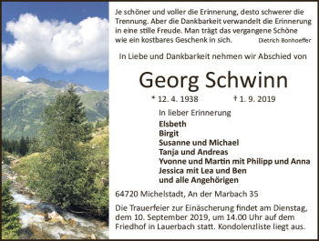 Traueranzeige von Georg Schwinn von vrm-trauer