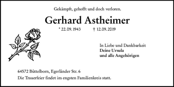 Traueranzeige von Gerhard Astheimer von vrm-trauer