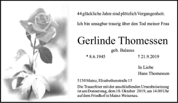 Traueranzeige von Gerlinde Thomessen von vrm-trauer