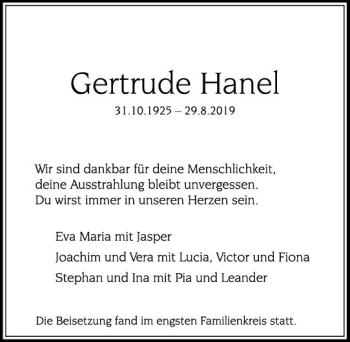 Traueranzeige von Gertrude Hanel von vrm-trauer