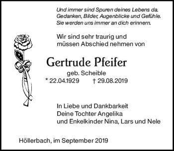 Traueranzeige von Gertrude Pfeifer von vrm-trauer