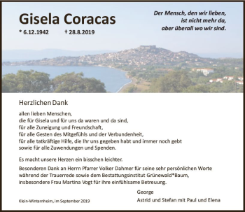 Traueranzeige von Gisela Coracas von vrm-trauer