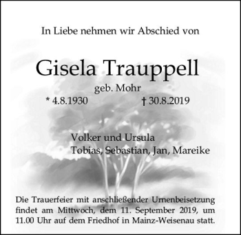 Traueranzeige von Gisela Trauppell von vrm-trauer