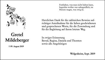 Traueranzeige von Gretel Mildeberger von vrm-trauer