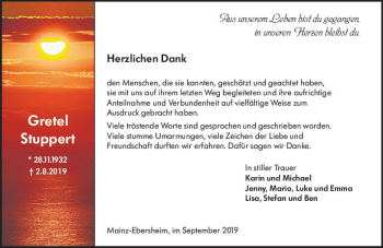 Traueranzeige von Gretel Stuppert von vrm-trauer