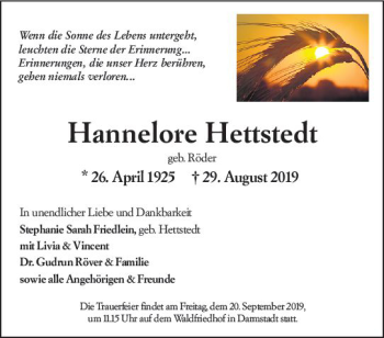 Traueranzeige von Hannelore Hettstedt von vrm-trauer Traueranzeige von Hannelore Hettstedt von vrm-trauer