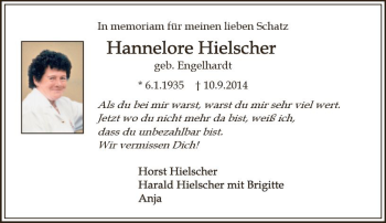 Traueranzeige von Hannelore Hielscher von vrm-trauer