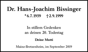 Traueranzeige von Hans-Joachim Bissinger von vrm-trauer