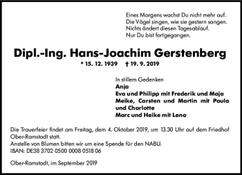 Traueranzeige von Hans-Joachim Gerstenberg von vrm-trauer