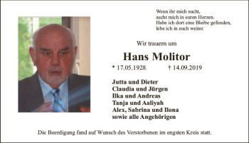 Traueranzeige von Hans Molitor von vrm-trauer