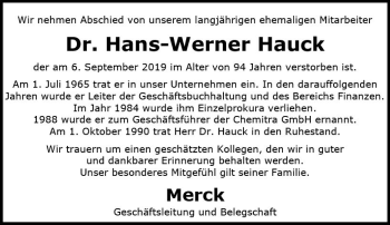 Traueranzeige von Hans-Werner Hauck von vrm-trauer