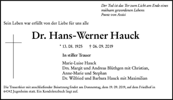 Traueranzeige von Hans-Werner Hauck von vrm-trauer