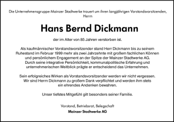 Traueranzeige von Hans Bernd Dickmann von vrm-trauer