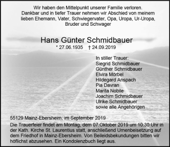 Traueranzeige von Hans Günter Schmidbauer von vrm-trauer