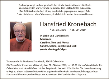Traueranzeige von Hansfried Kronebach von vrm-trauer