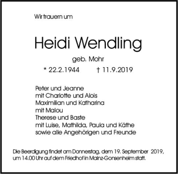 Traueranzeige von Heidi Wending von vrm-trauer