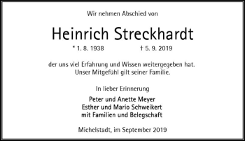 Traueranzeige von Heinrich Streckhardt von vrm-trauer