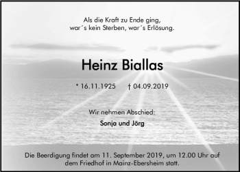 Traueranzeige von Heinz Biallas von vrm-trauer