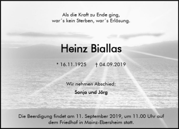 Traueranzeige von Heinz Biallas von vrm-trauer