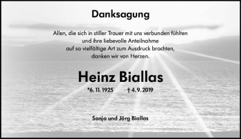 Traueranzeige von Heinz Biallas von vrm-trauer