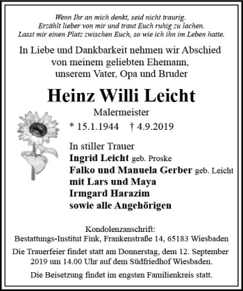 Traueranzeige von Heinz Willi Leicht von vrm-trauer
