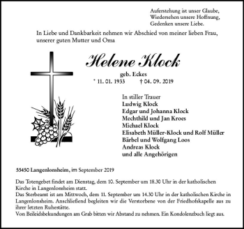 Traueranzeige von Helene Klock von vrm-trauer