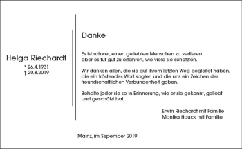 Traueranzeige von Helga Riechardt von vrm-trauer