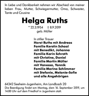 Traueranzeige von Helga Ruths von vrm-trauer